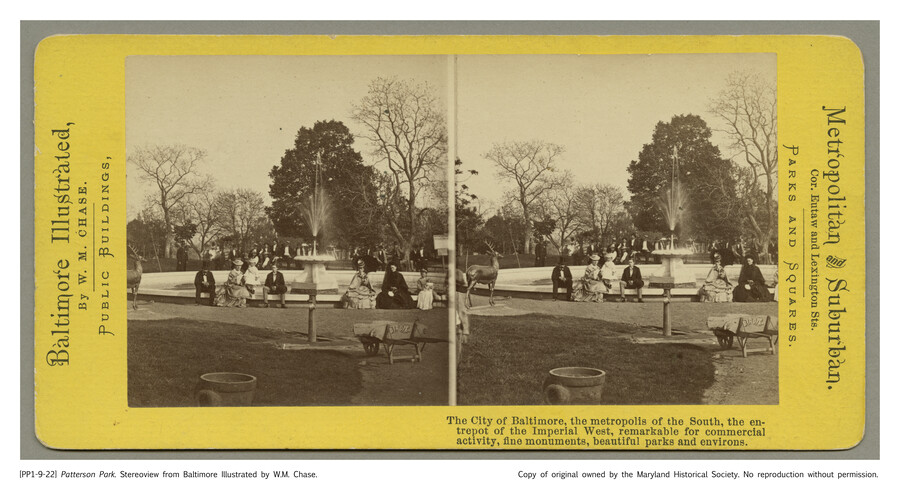 Stereoview of marble fountain at Patterson Park — circa 1880