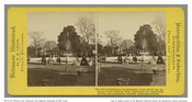 Stereoview photograph of men and women seated on the marble fountain in Patterson Park in Baltimore, Maryland. Others stand behind the fountain in the background, and in the foreground is a wheelbarrow and statue of a stag.