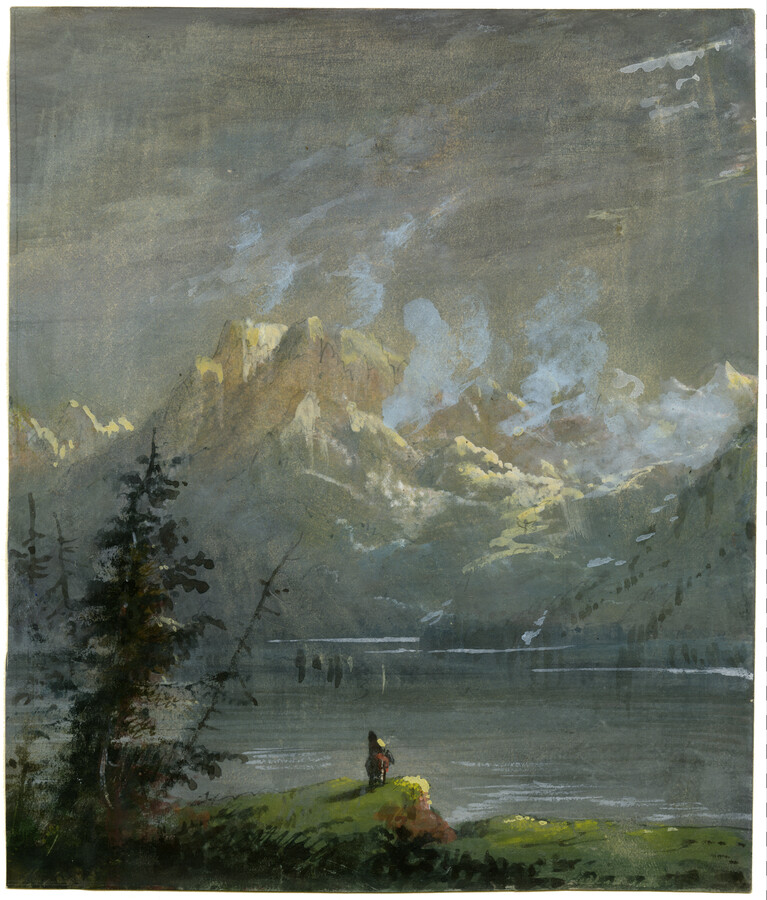 Landscape scene of the Wetterhorn mountain range in Switzerland, viewed from a lake. A pine tree extends upwards from the bottom left corner of the composition in the foreground, contrasted against the light background. A figure on a horse is placed in the bottom center of the composition, looking out at the expansive blue and…