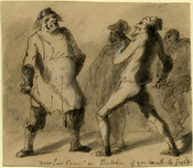Cartoon sketch of two men about to engage in a fight, one wearing an apron. Both men hold a knife or tool in one hand. Both men take on wide stances. A woman and man stand in the background smiling at the aproned figure. The phrase "Now! -Come on Butcher if You Want to Fight"…