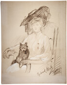 Sketched portrait of Laura Patterson Swan (Mrs. Andrew Robeson). She is seated, wearing a high-necked dress and brooch, with her hair pinned up under a large hat worn at an angle. A small dog sits on her lap. One hand rests in her lap while the other is placed on the arm of her chair.…