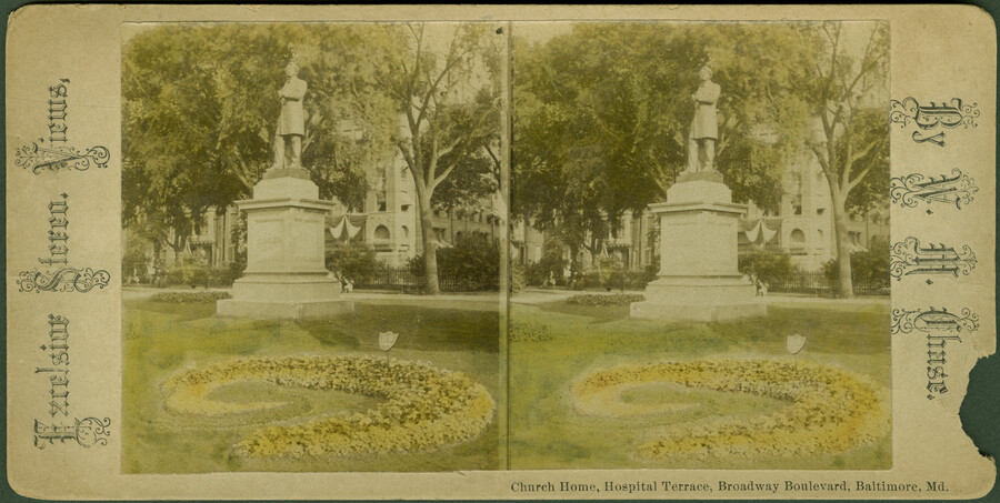 Stereoview of Church Home, Hospital terrace, Broadway Boulevard, Baltimore, Maryland — circa 1860-1912