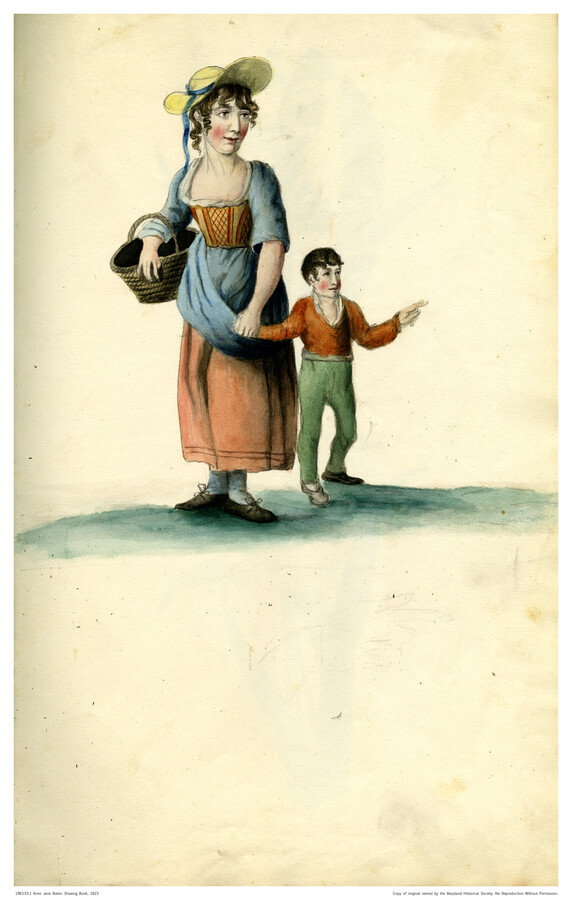 Sketch of a woman and a child, identified as peasants. The woman wears an orange bodice over a blue tunic with an orange skirt underneath, as well as a straw hat with a long blue ribbon. She holds a brown wicker basket in one hand and holds her son's hand with her other. The young…