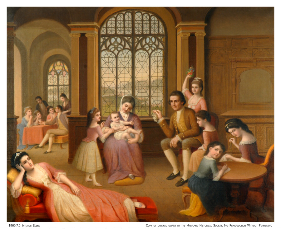 Interior scene shows three groups of people. The central group features an older woman and a young girl tending to an infant, while a man and another young girl hold up bundles of fruit and herbs beside them. A group of girls sit at a low table to the right of the composition practicing needlework,…