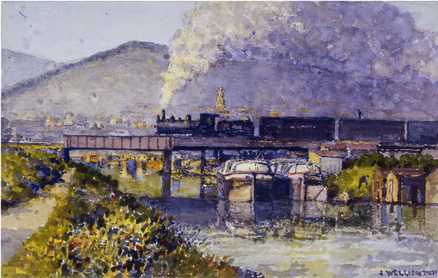 Landscape painting of a train crossing the C&O Canal via bridge in Cumberland, Maryland. The locomotive is viewed from afar from the vantage point of a grassy hill with a footpath. Plumes of steam rise up from the engine, matching the color of the sky and the hills in the background and the water below.…