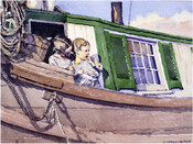Painting features two small children emerging from an open door on a barge. The hull of the boat is brown wood, while the walls on board are white with green trim. One child stands, holding the other child from behind and looking toward the other, while the other child looks out over the deck. The…