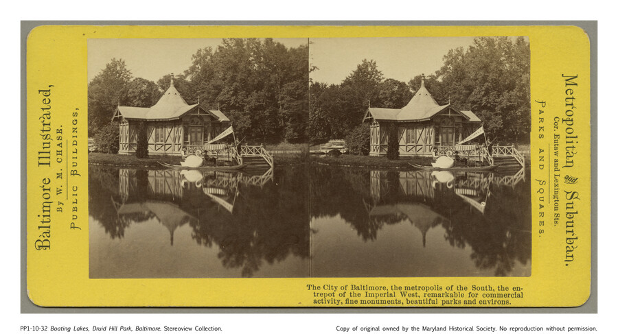 Stereoview photograph of Boat Lake in Druid Hill Park, Baltimore, Maryland. Verso has information about each image in the stereograph series.