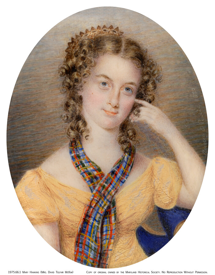 A half-length oval formatted portrait shows Mary Malvina Hawkins McKim (Mrs. David Telfair McKim) (1801-1834) as a young woman with brown curly hair parted in the center. She wears a yellow dress with a low, wide neck and short puffy sleeves, with a blue, red and yellow plaid scarf around the neck. She sits on…