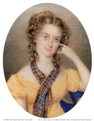 A half-length oval formatted portrait shows Mary Malvina Hawkins McKim (Mrs. David Telfair McKim) (1801-1834) as a young woman with brown curly hair parted in the center. She wears a yellow dress with a low, wide neck and short puffy sleeves, with a blue, red and yellow plaid scarf around the neck. She sits on…