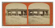 Stereoview photograph of a man in a horse-drawn carriage at the entrance gateway to Druid Hill Park in Baltimore, Maryland. Verso has information about images in the series and is hand numbered 243.