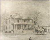 The Brady House, located at Gilmore Lane and 30th Street in the Govans neighborhood of Baltimore, Maryland. A horse and carriage is parked in front of the house, and a group of people stand on the porch.