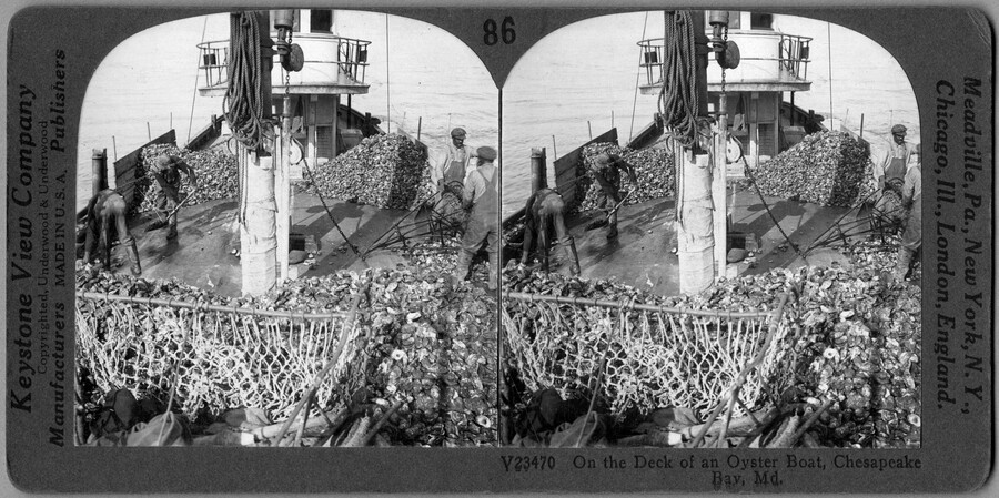 Stereoview of Chesapeake Bay oyster boat — circa 1912