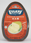 This container of Esskay Vacuum Cooked Ham unopened and empty and was likely used for window display purposes. Esskay was established in 1858 by German immigrant William Schluderberg (1839-1921). In 1919, the meatpacking company merged with Thomas J. Kurdle's (1855-1935) company to form Schluderberg-Kurdle (S-K), which inspired the popular trademark Esskay. While the company left…