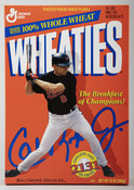 "Wheaties" cereal box featuring the image of Cal Ripken Jr (1960-) of the Baltimore Orioles Major League Baseball team. This special edition box was made to celebrate Ripken's breaking of the record for most consecutive games played. The contents of the box have been removed.