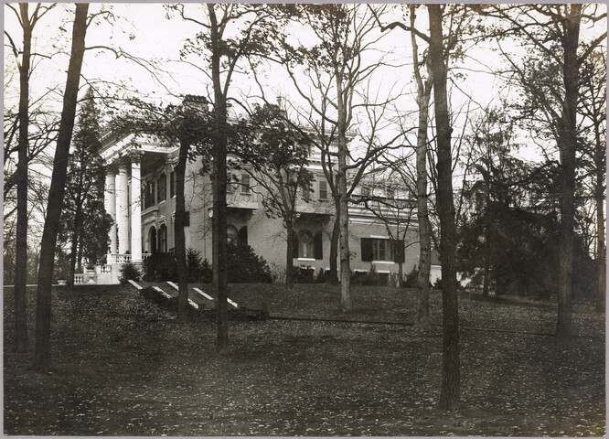Side exterior view of Evergreen House and grounds — circa 1910