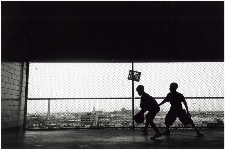 Silhouette of two boys playing basketball, Flag House Courts — 1994-07-20