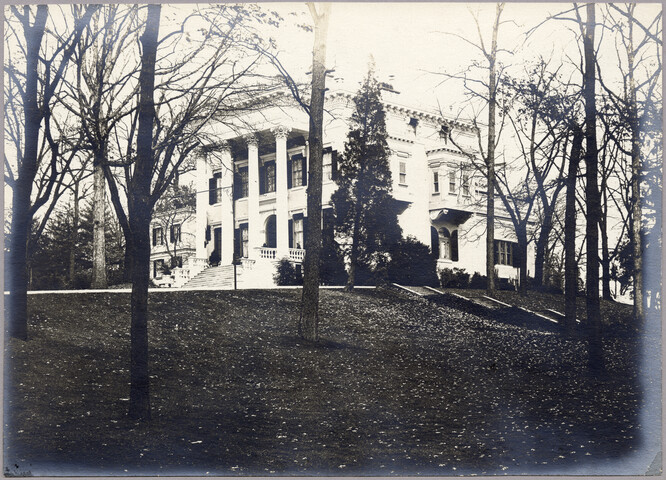Exterior view of Evergreen House and grounds — circa 1910