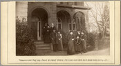 Four men, four women, and one child stand on or near the front porch of the Oakley home on Thanksgiving Day 1889. Oakley, located in Baltimore County, was the home of the Reverend Doctor Franklin Wilson (1822-1896) who was a Baptist clergyman. The handwritten note on the front of the print states: "Thanksgiving Day 1889…