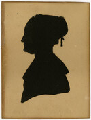 Proper left side profile cut-paper silhouette of Elizabeth Patterson Bonaparte (1785-1879) at the age of 53. She wears a bonnet with a ribbon hanging from the back and a high-collared garment.