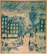 Grisaille ketch of the Great Baltimore Fire featuring multiple figures racing through the streets on horse-drawn carts in the foreground while firefighters spray the flaming buildings with water in the background underneath a smoky sky.