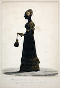 Full-length silhouette of Mary Anna Schroder (Mrs. Robert A. Taylor) created December 31, 1801. The black silhouette has been embellished to include details of the trim of her dress, her jewelry, and her hair.
