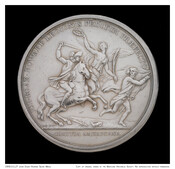 Comitia Americana silver medal presented on March 9, 1781 to John Eager Howard (1752-1827) by the 2nd Continental Congress in recognition for his bravery and leadership at the victory at the Battle of Cowpens, South Carolina, January 17, 1781. Image on medal shows a man in military uniform on horseback holding a sword in his…
