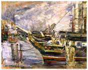 Scene of the bow of the Constellation tied to mooring in Baltimore, Maryland. The artist used thick layers of paint resulting in an overall abstract, stylized appearance of the ship in the harbor.