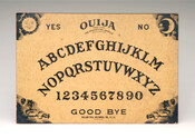 Ouija board featuring the alphabet in two rows, one row of numbers one through nine, the words "yes" and "no" in the upper corners, and the words "good bye" at the bottom center followed by "William Fuld, Baltimore, MD., U.S.A./ D. Pat. 114.554" All symbols are printed in black ink.