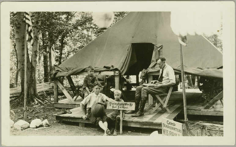 W. E. Brill and boys at Camp Hutzler headquarters — 1921