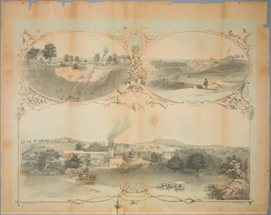 A large colored lithograph depicting Principio Furnace in Cecil County, Maryland. In the top left is a detail view of Iron Hill Ore Bank, two miles from Newark, Delaware. In the top right is a detail view of Minersville Ore Bank, one mile from Baltimore, Maryland.