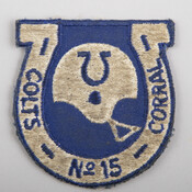 Embroidered patch made for the Colts Corral No. 15, Inc., a local fan club chapter for the Baltimore Colts. The Council of Colts Corrals was a football fan club that emerged in 1957, and Colts Corral No. 15 was one of those groups that was established shortly afterward at Snyder’s Restaurant in Baltimore. Besides meeting…