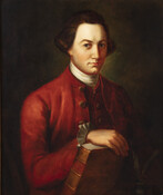 Half-length copy of a portrait of Captain Nathaniel Ramsey (1741-1817) as a young man with short brown hair, wearing a red coat and waistcoat, and white stock. He holds book Laws of Maryland in right hand, with inkpot and two quills shown at right. In 1771, he married Margaret Jane Peale (1743-1788), the sister of…