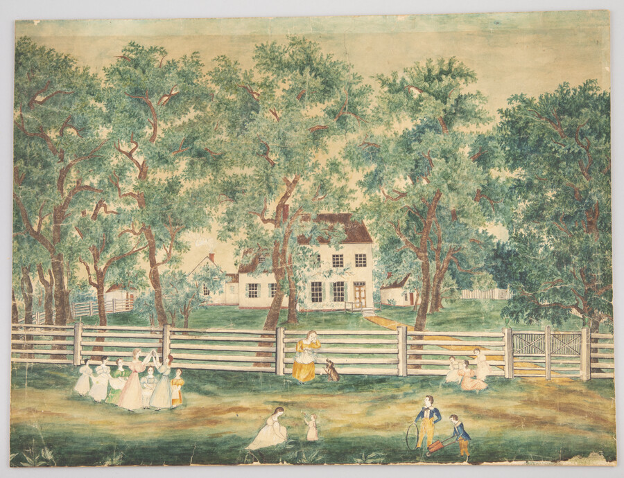 View of the children of the Leigh family and their friends playing in front of "Woodbury," the residence of George Singleton Leigh (1799-1843), located in in St. Mary's County, Maryland. The children play in distinct groups of boys and girls in front of a wooden fence and a line of trees that separates them from…