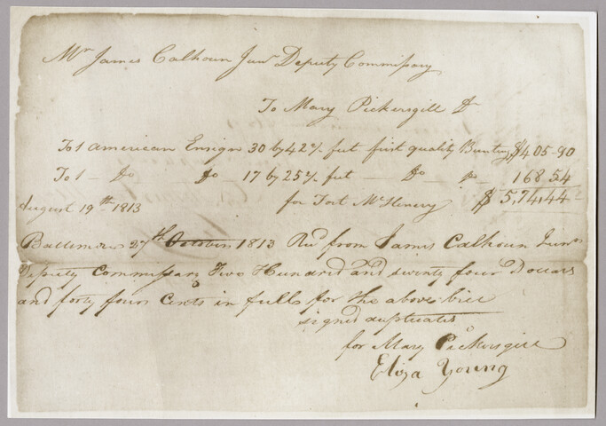 Receipt for flags made for Fort McHenry, to Mary Pickersgill from James Calhoun — 1813-08-19