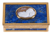 Snuffbox with lapis lazuli panels, gold trim, and a gold-framed cameo on lid. The cameo is of Jerome Bonaparte (1784-1860). Likely given to Jerome Napoleon by his uncle, Louis Bonaparte (1778-1846), King of Holland.