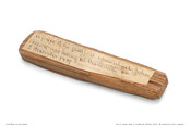 A small chip of wood identified as a piece of the gallows from which famed abolitionist, John Brown (1800-1859), was hanged for his raid of the federal arsenal at Harpers Ferry, Virginia on October 16, 1859. The inscription on the attached label reads, "A piece of the scaffold upon which John Brown was hung at…