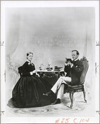 Portrait of Elias Glenn Perine and his wife Eliza Ridgely Beall Washington Perine in their Homeland estate. The couple is seated at a table; Eliza knits while Elias reads a book. The estate was situated in what is now known as the Homeland neighborhood of Baltimore, Maryland.