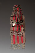 Brown and red vertical striped crocheted finger purse with steel bead lattice fringe.
