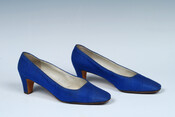 Pair of blue silk-linen high-heeled pumps with a square toe and a low square-shaped heel. Belonged to the Duchess of Windsor, Wallis Simpson (1896-1986).