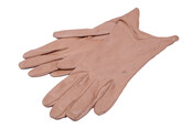 Pair of beige calfskin gloves with asymmetric rolled cuffs designed by American fashion designer Claire McCardell (1905-1958).