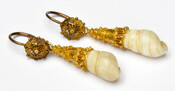 Pair of detachable drop-pendant earrings with shell inserts.
