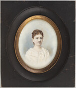 Bust-length miniature portrait of Victoria Sellman Gittings (1837-1884). Her curly brown hair is pulled back out of her face. She wears a white square-necked garment. The image has a pale blue and tan stippled and hatched background.
