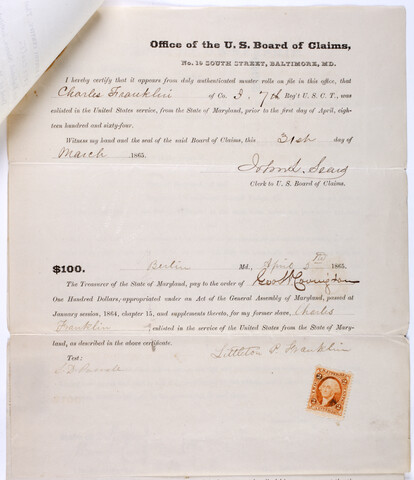 Office of the U.S. Board of Claims certification for Charles Franklin of the 7th Regiment Colored Troop — 1865-03-31
