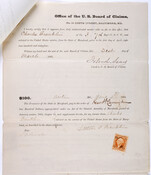 Certification from the Office of the U.S. Board of Claims for the enlistment of Charles Franklin of the 7th Regiment Colored Troop. The document certifies that Franklin was enlisted in U.S. service before the first day of April 1864. It also provides an order for the Treasurer of the State of Maryland to pay $100…