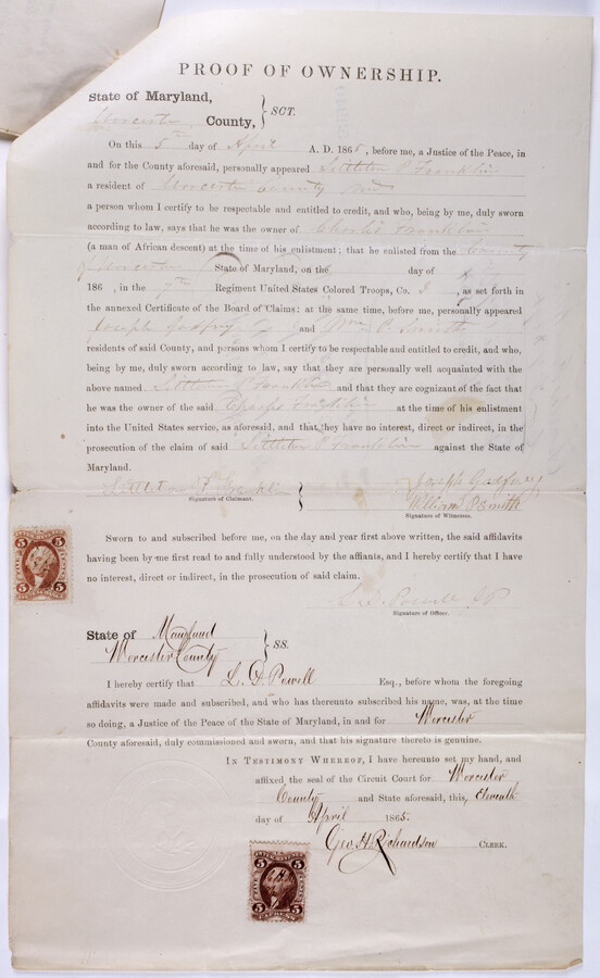 A "Proof of Ownership" form stating that Littleton P. Franklin of Worcester County, Maryland, "was the owner of Charles Franklin (a man of African descent) at the time of his enlistment...in the 7th Regiment United States Colored Troops." The form is signed by the claimant, two witnesses, an officer, and a clerk.