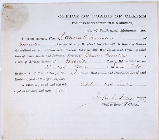 Proof of filing deed of manumission for Charles Franklin — 1864-09-28