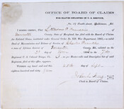 A form serving as proof that Littleton P. Franklin filed a valid "Deed of Manumission and Release of Service, of Charles Franklin" with the Office of the Board of Claims for slaves enlisted in U. S. service. The form is one of several documents required to file a slave compensation claim against the Federal government…