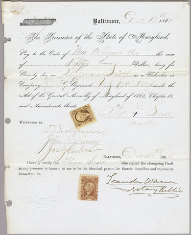 Pay order for Thomas Scott’s $50 bounty — 1865-12-13