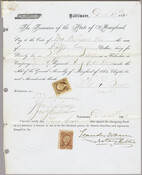 A pay order from the Treasurer of the State of Maryland for a $50 bounty to William B. Lyons, enslaver of Thomas Scott, a volunteer in Company H of the 39th Regiment, United States Colored Infantry. The document is signed by Scott, three witnesses, and notary public Leander Warren.