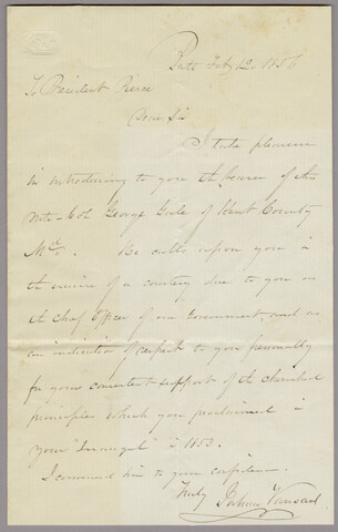 Letter from Joshua Vansant to President Franklin Pierce — 1854-02-12